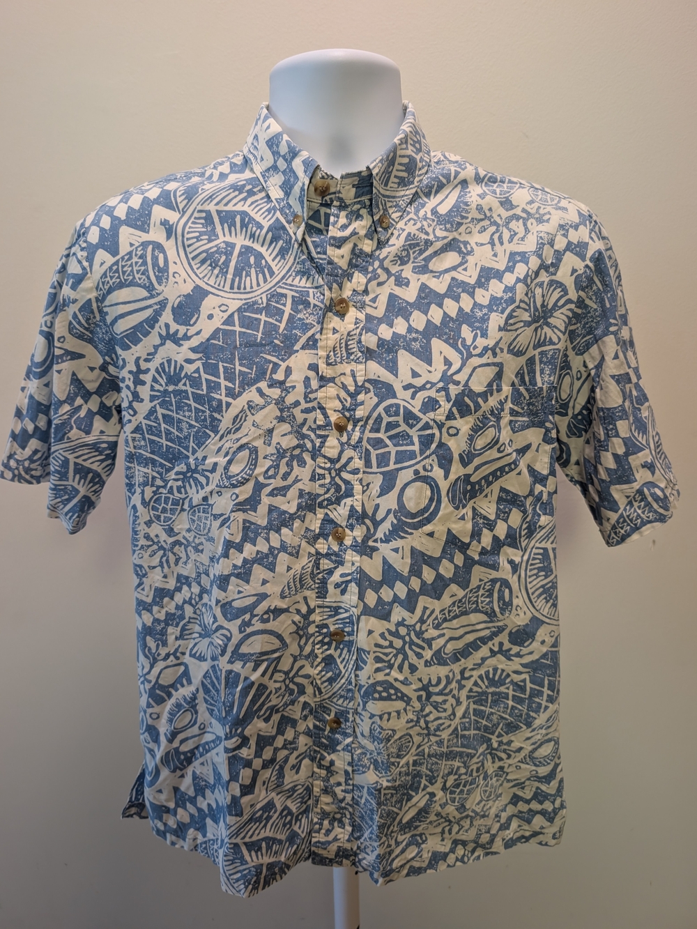 Men's Short-Sleeve Button-Down Shirt in Blue & White Print
